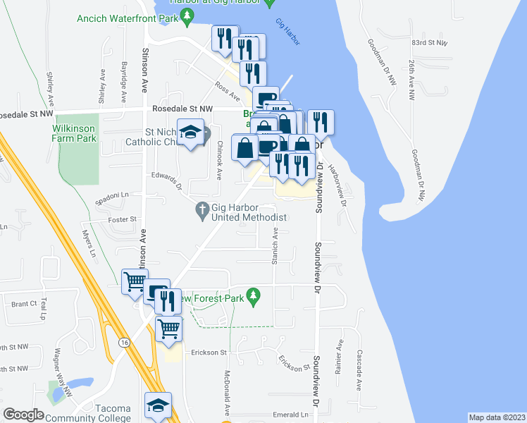 map of restaurants, bars, coffee shops, grocery stores, and more near 7507 Hill Avenue in Gig Harbor