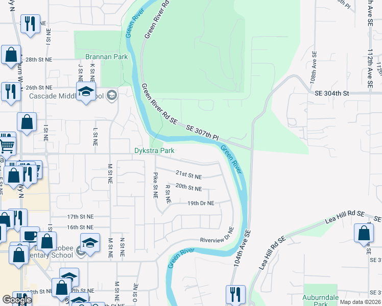 map of restaurants, bars, coffee shops, grocery stores, and more near 1704 22nd Way Northeast in Auburn