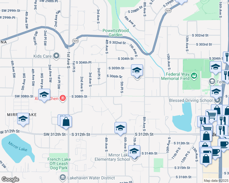map of restaurants, bars, coffee shops, grocery stores, and more near 30646 4th Place South in Federal Way