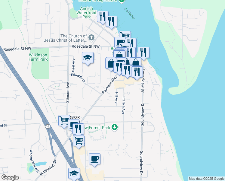 map of restaurants, bars, coffee shops, grocery stores, and more near 7508 Hill Avenue in Gig Harbor