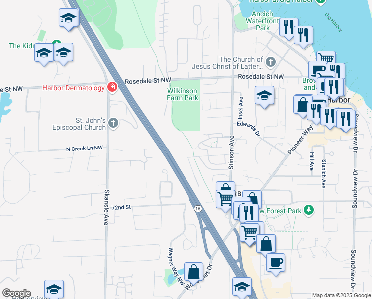 map of restaurants, bars, coffee shops, grocery stores, and more near 4100 Foster Street in Gig Harbor