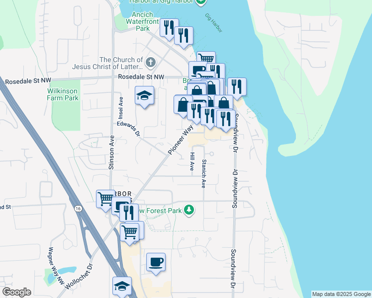 map of restaurants, bars, coffee shops, grocery stores, and more near 7508 Hill Avenue in Gig Harbor