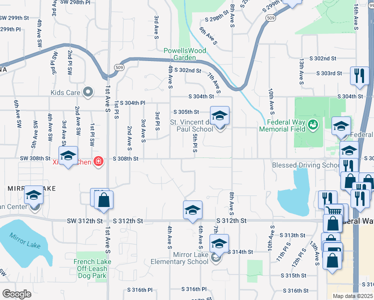 map of restaurants, bars, coffee shops, grocery stores, and more near 30646 4th Place South in Federal Way