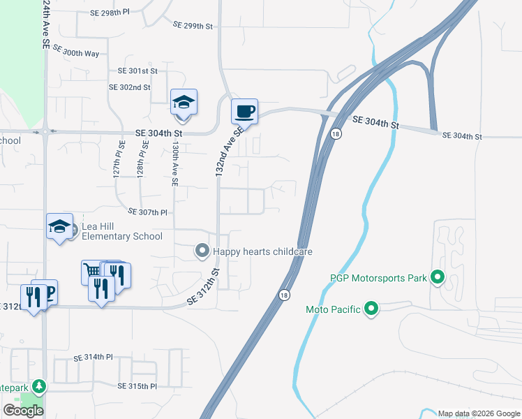 map of restaurants, bars, coffee shops, grocery stores, and more near 13310 Southeast 307th Street in Auburn
