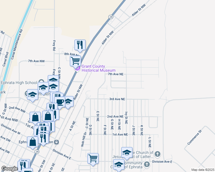map of restaurants, bars, coffee shops, grocery stores, and more near 340 E Street Northeast in Ephrata