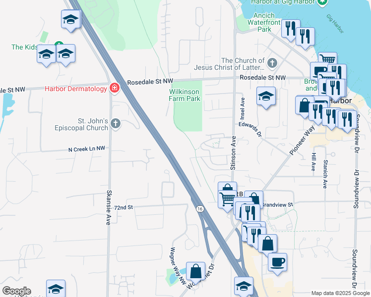 map of restaurants, bars, coffee shops, grocery stores, and more near 4100 Foster Street in Gig Harbor
