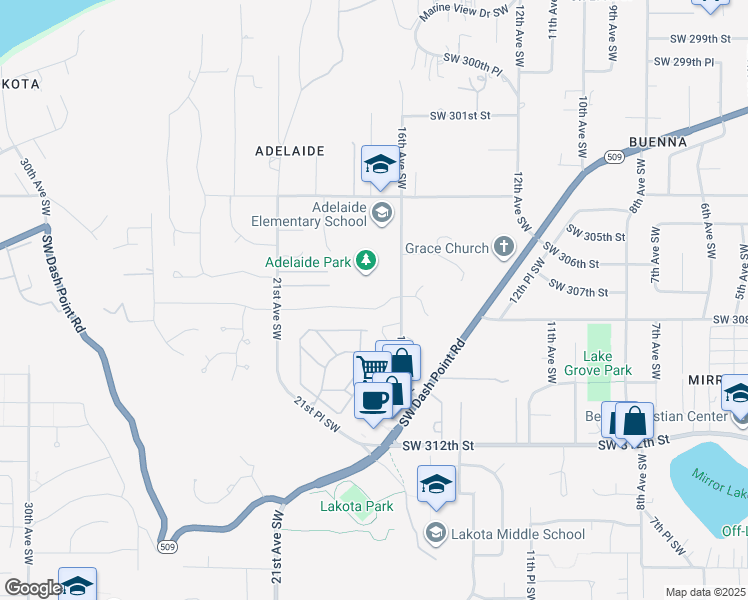 map of restaurants, bars, coffee shops, grocery stores, and more near 1706 Southwest 307th Street in Federal Way