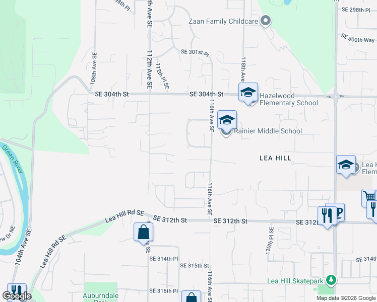 map of restaurants, bars, coffee shops, grocery stores, and more near 11425 Southeast 307th Place in Auburn