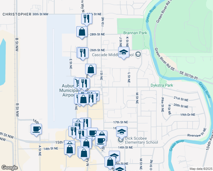 map of restaurants, bars, coffee shops, grocery stores, and more near 905 22nd Street Northeast in Auburn
