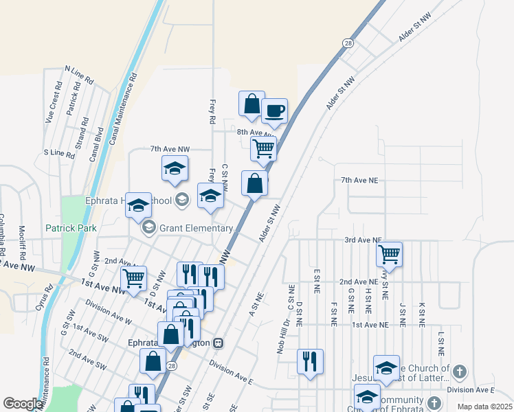 map of restaurants, bars, coffee shops, grocery stores, and more near 604 Basin Street Northwest in Ephrata