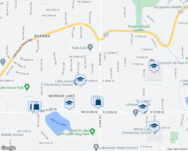 map of restaurants, bars, coffee shops, grocery stores, and more near 124 Southwest 307th Place in Federal Way