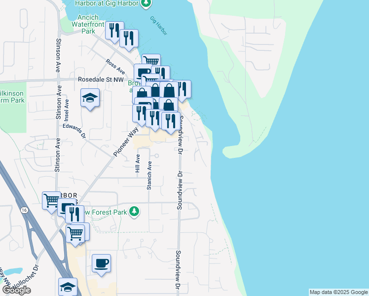 map of restaurants, bars, coffee shops, grocery stores, and more near 7513 Soundview Drive in Gig Harbor