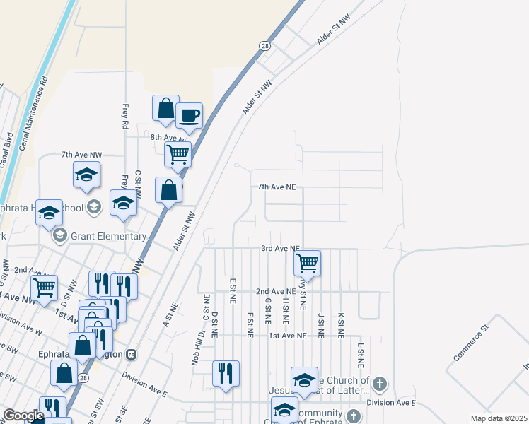map of restaurants, bars, coffee shops, grocery stores, and more near 707 5th Avenue Northeast in Ephrata