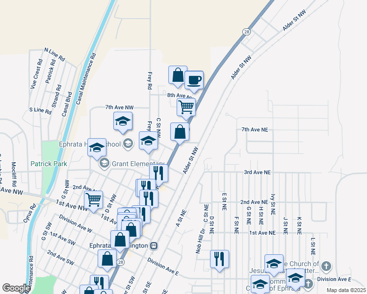 map of restaurants, bars, coffee shops, grocery stores, and more near 604 Basin Street Northwest in Ephrata