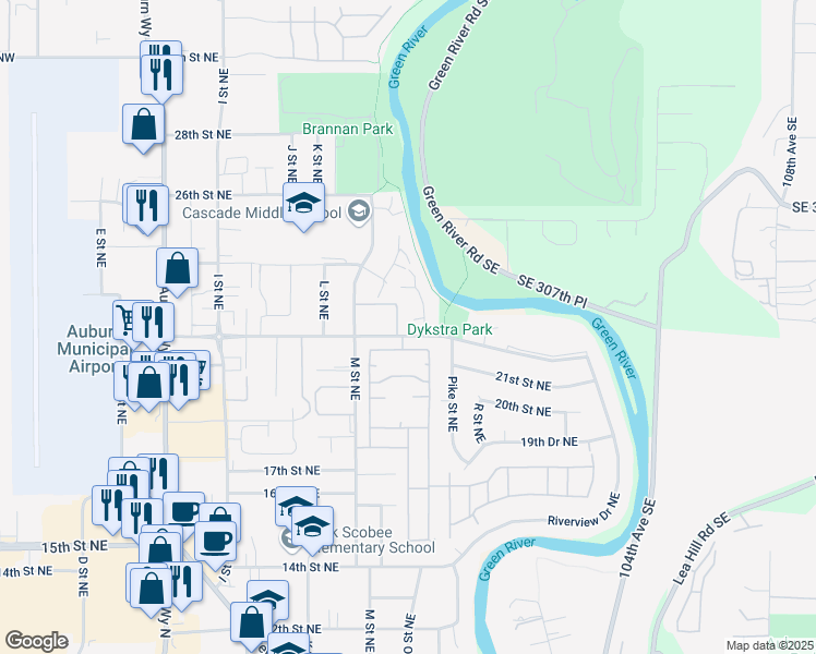 map of restaurants, bars, coffee shops, grocery stores, and more near 2209 O Place Northeast in Auburn