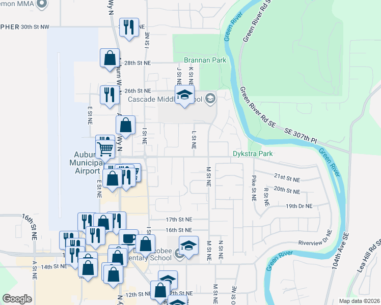 map of restaurants, bars, coffee shops, grocery stores, and more near 2209 L Street Northeast in Auburn