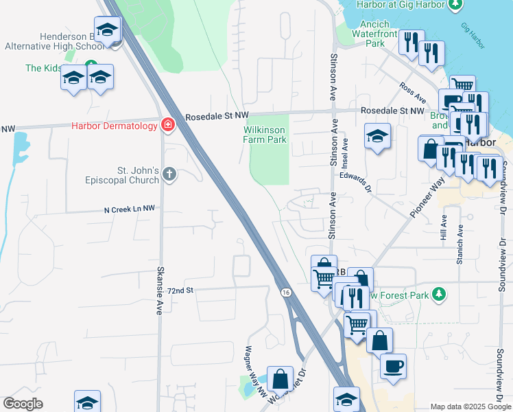 map of restaurants, bars, coffee shops, grocery stores, and more near 4100 Foster Street in Gig Harbor
