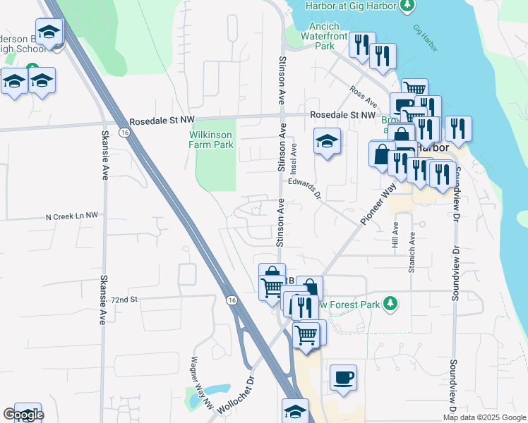 map of restaurants, bars, coffee shops, grocery stores, and more near 3820 Foster Street in Gig Harbor