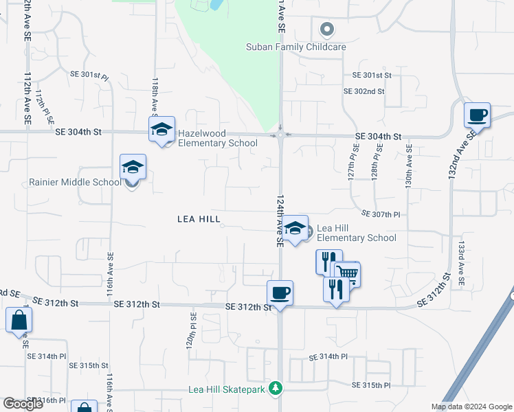 map of restaurants, bars, coffee shops, grocery stores, and more near 12254 Southeast 307th Place in Auburn