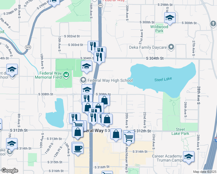 map of restaurants, bars, coffee shops, grocery stores, and more near 1650 South 308th Street in Federal Way
