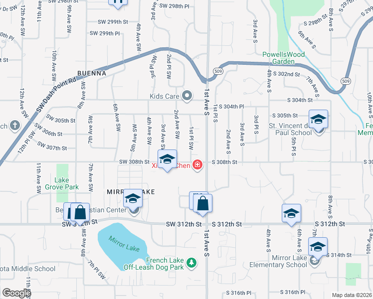 map of restaurants, bars, coffee shops, grocery stores, and more near 30650 2nd Avenue South in Federal Way