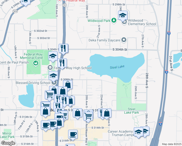 map of restaurants, bars, coffee shops, grocery stores, and more near 2022 South 308th Street in Federal Way