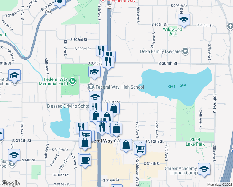 map of restaurants, bars, coffee shops, grocery stores, and more near 1650 South 308th Street in Federal Way