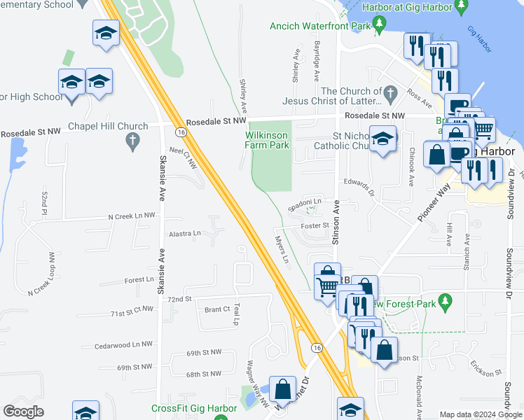 map of restaurants, bars, coffee shops, grocery stores, and more near 4100 Foster Street in Gig Harbor