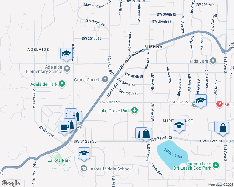 map of restaurants, bars, coffee shops, grocery stores, and more near 1020 Southwest 308th Street in Federal Way
