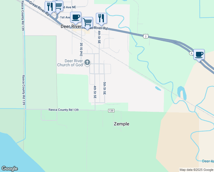 map of restaurants, bars, coffee shops, grocery stores, and more near 506 5th Street Southeast in Deer River