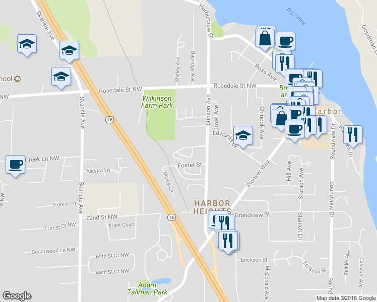 map of restaurants, bars, coffee shops, grocery stores, and more near 3845 Spadoni Lane in Gig Harbor