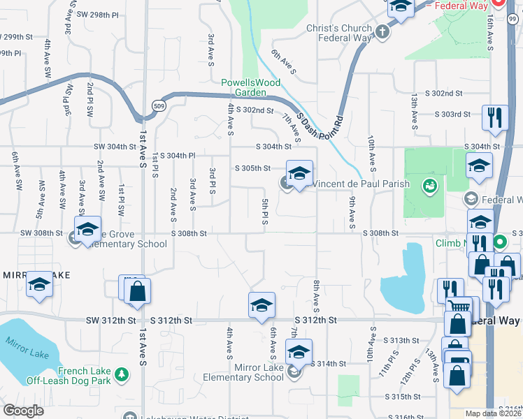 map of restaurants, bars, coffee shops, grocery stores, and more near 30646 4th Place South in Federal Way
