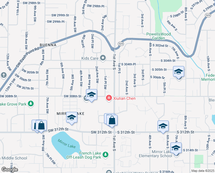 map of restaurants, bars, coffee shops, grocery stores, and more near 124 Southwest 307th Place in Federal Way