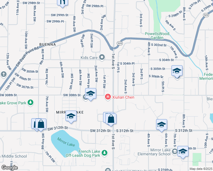 map of restaurants, bars, coffee shops, grocery stores, and more near 124 Southwest 307th Place in Federal Way