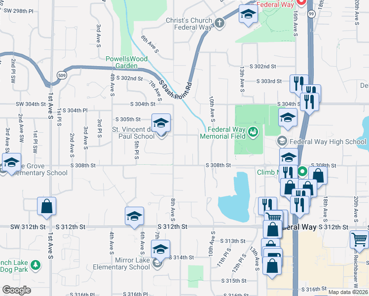 map of restaurants, bars, coffee shops, grocery stores, and more near 30621 8th Place South in Federal Way