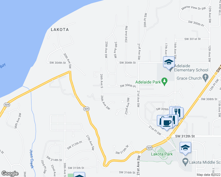 map of restaurants, bars, coffee shops, grocery stores, and more near 2425 Southwest 306th Place in Federal Way