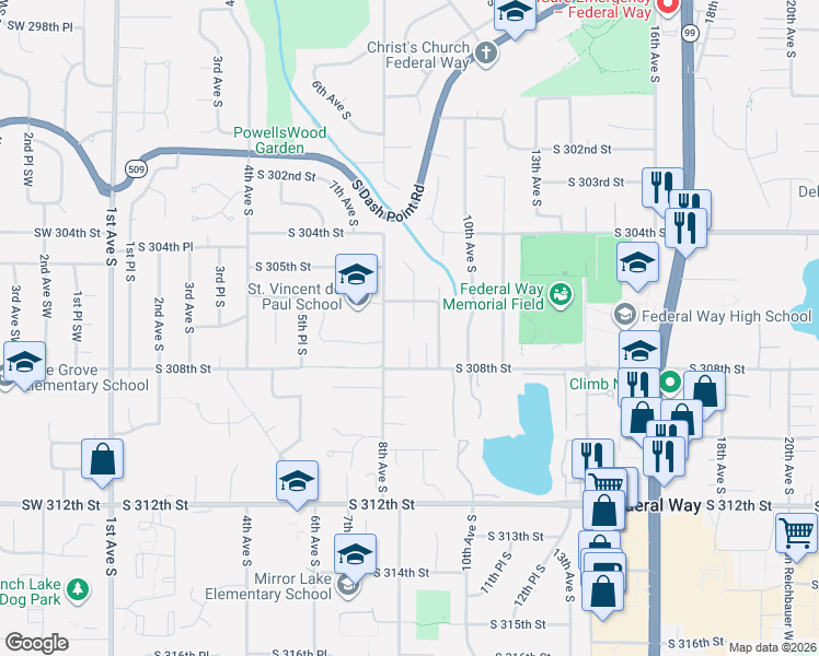 map of restaurants, bars, coffee shops, grocery stores, and more near 30621 8th Place South in Federal Way