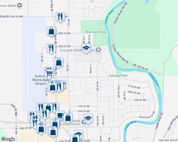 map of restaurants, bars, coffee shops, grocery stores, and more near 2209 L Street Northeast in Auburn