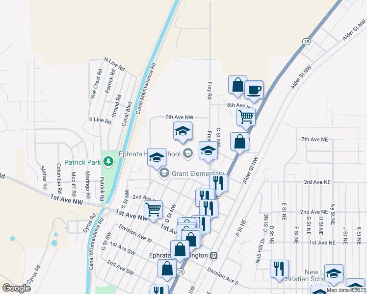map of restaurants, bars, coffee shops, grocery stores, and more near 333 4th Avenue Northwest in Ephrata