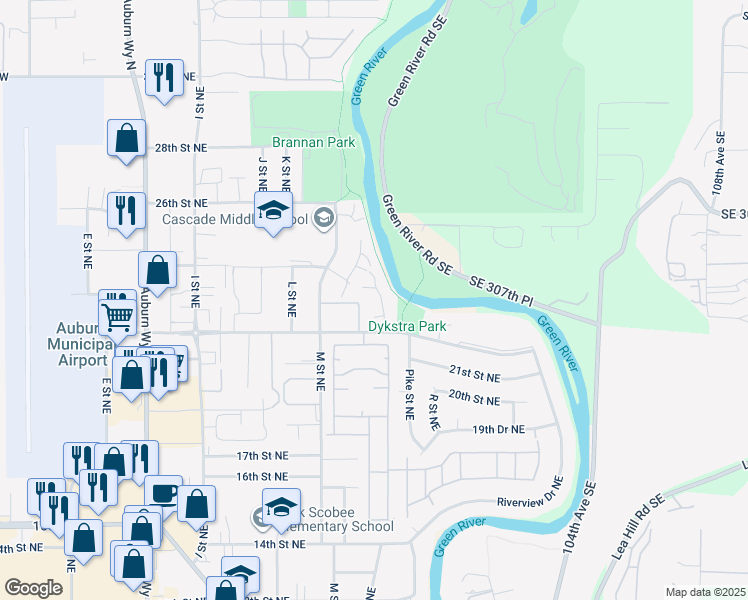 map of restaurants, bars, coffee shops, grocery stores, and more near 2402 N Street Northeast in Auburn