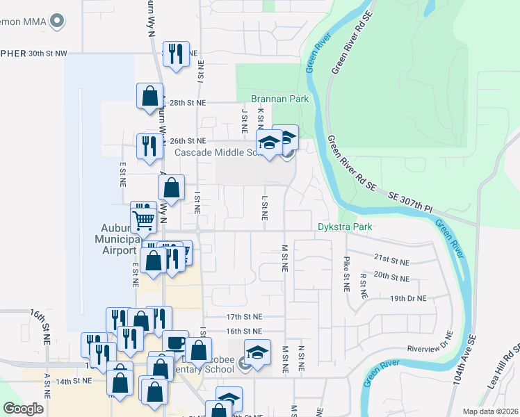 map of restaurants, bars, coffee shops, grocery stores, and more near 2319 L Street Northeast in Auburn