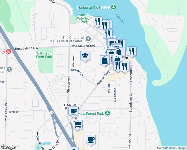 map of restaurants, bars, coffee shops, grocery stores, and more near 7617 Chinook Avenue in Gig Harbor