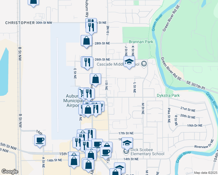 map of restaurants, bars, coffee shops, grocery stores, and more near 2250 I Street Northeast in Auburn