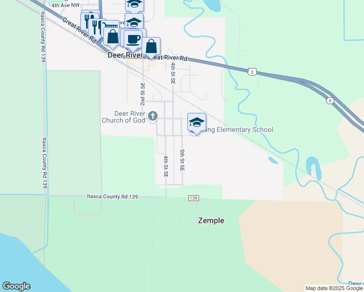 map of restaurants, bars, coffee shops, grocery stores, and more near 506 5th Street Southeast in Deer River