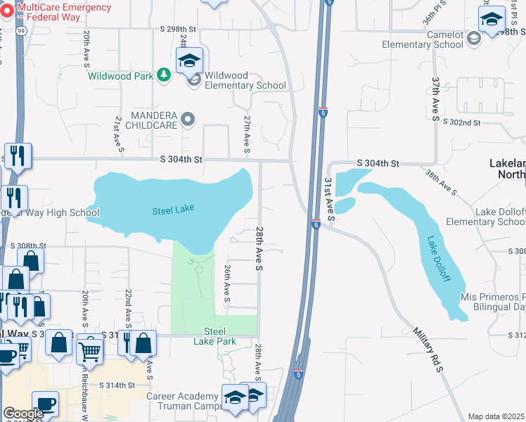 map of restaurants, bars, coffee shops, grocery stores, and more near 30614 28th Avenue South in Federal Way