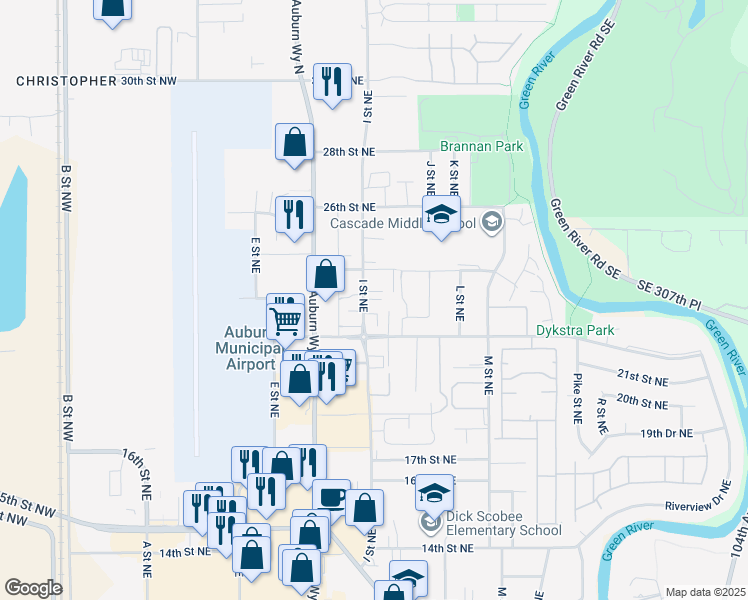 map of restaurants, bars, coffee shops, grocery stores, and more near 2330 I Street Northeast in Auburn