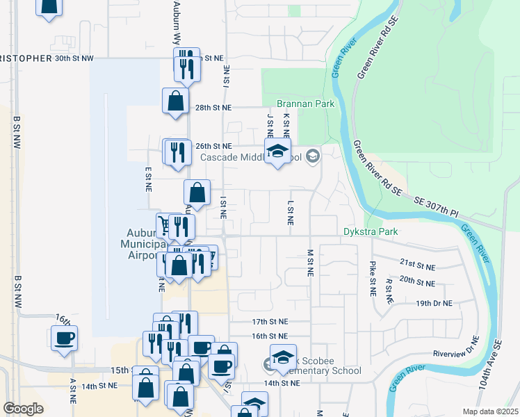 map of restaurants, bars, coffee shops, grocery stores, and more near 945 22nd Street Northeast in Auburn