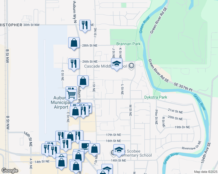 map of restaurants, bars, coffee shops, grocery stores, and more near 945 22nd Street Northeast in Auburn