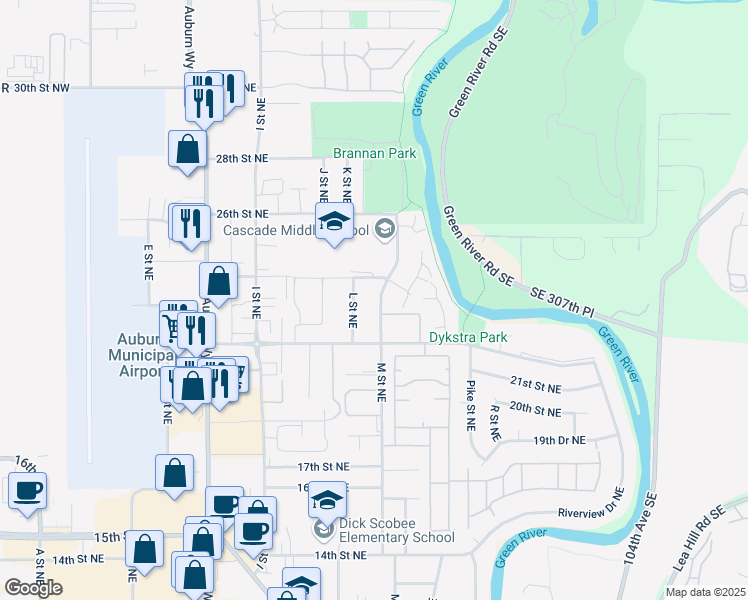 map of restaurants, bars, coffee shops, grocery stores, and more near 2312 M Street Northeast in Auburn