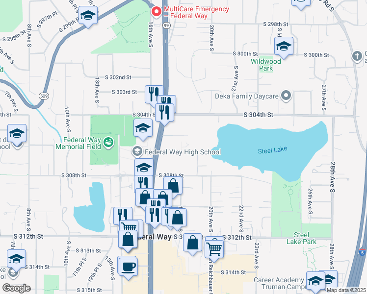 map of restaurants, bars, coffee shops, grocery stores, and more near 1757 South 305th Place in Federal Way